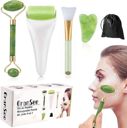 Kit de Cuidado Facial: Incluye rodillo y piedra Gua Sha de Jade, Ice Roller y aplicador de mascarillas